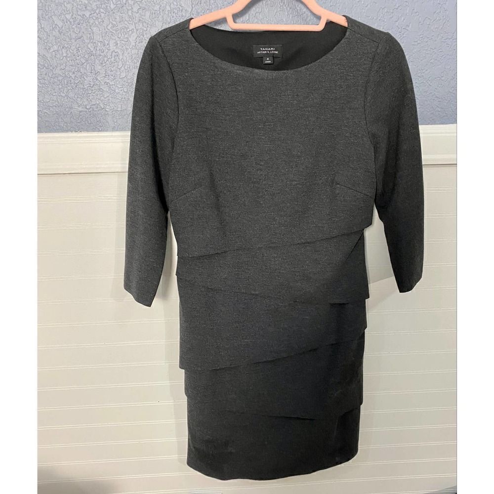 Tahari Arthur S. Levine Gray 3/4 Sleeve Ruffle Dress